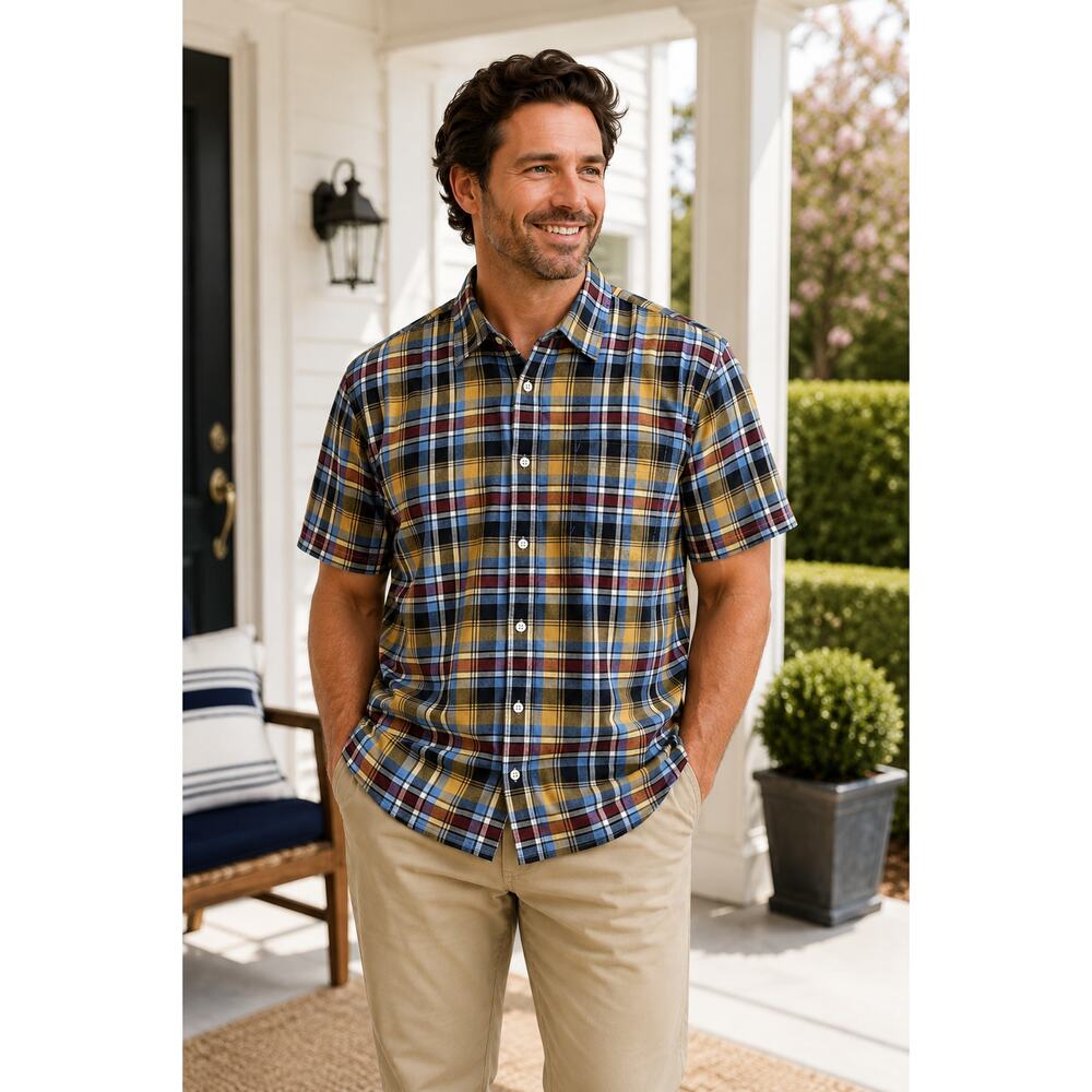Pendleton Plaid Short Sleeve Button Up Shirt Yellow Blue Men’s XL